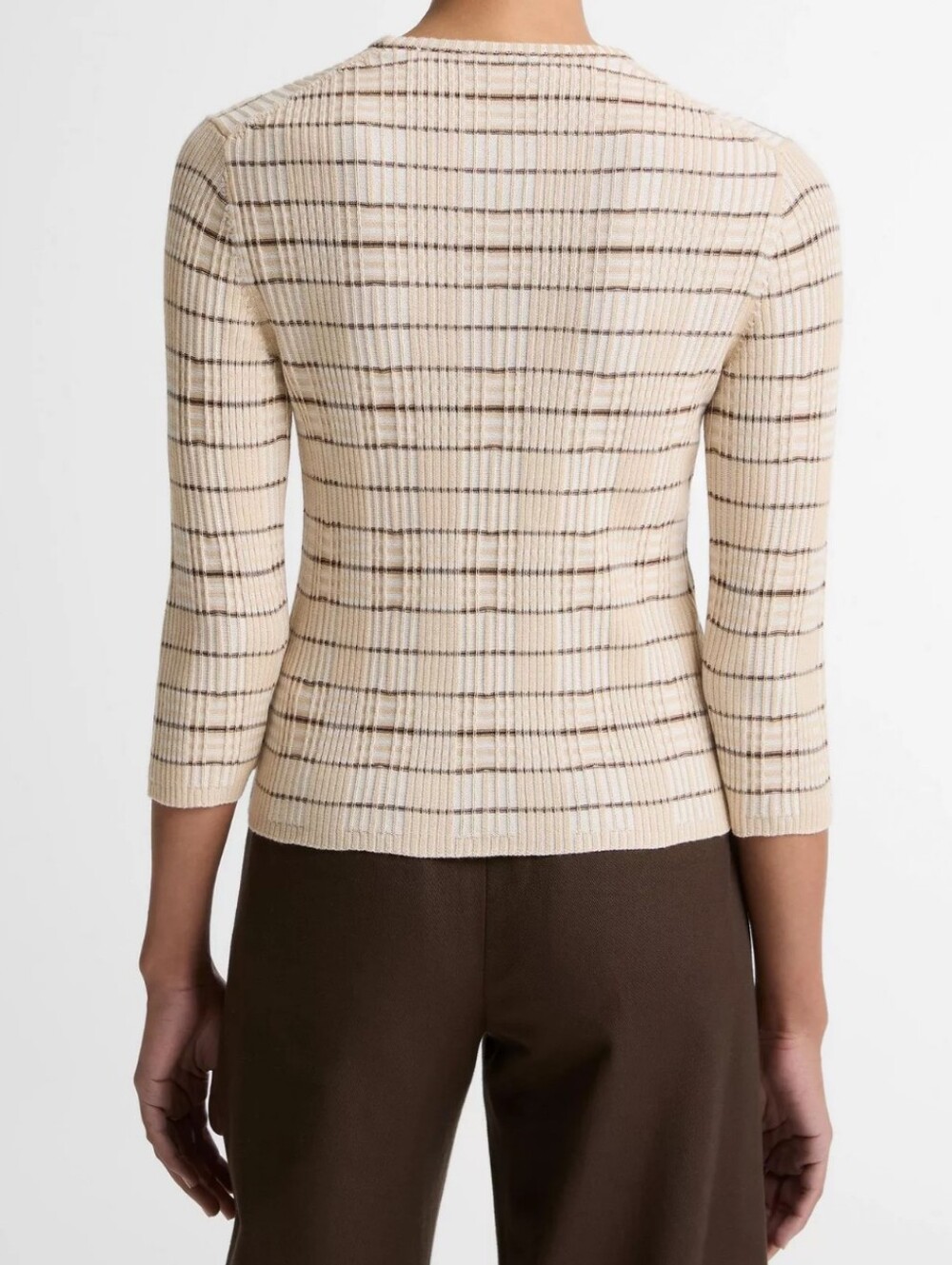 Vince Cream Ribbed Quarter-Sleeve Crewneck Top with Brown Stripes - Picture 2 of 7